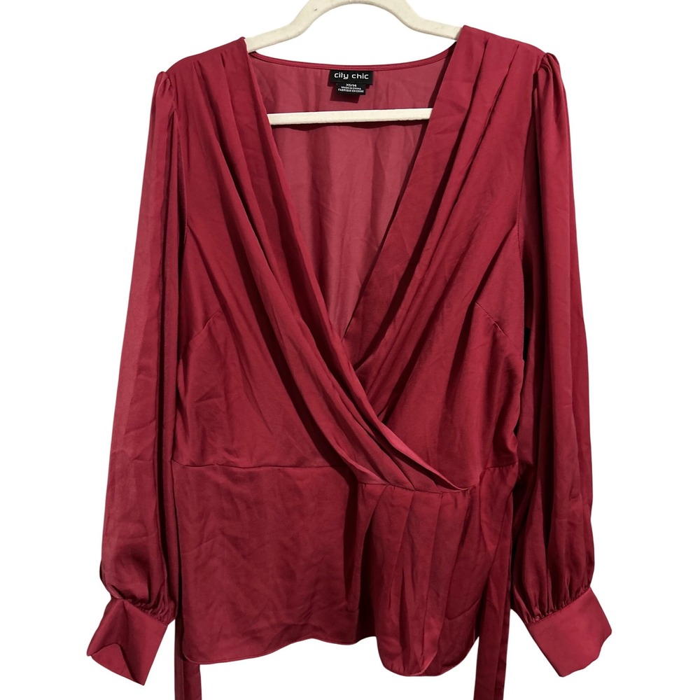 City Chic Dressy Red Wrap Style Blouse Belted‎ Elastic Waist Back Womens Size 14